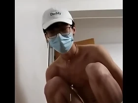 Cute Asian Sissy Twink masturbates with white socks and accessories like a little doggy