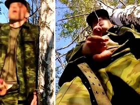 Russian SOLDIER with a big DICK on a military mission in the forest shoots sperm from his penis at opponents