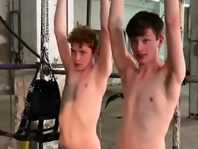 Submissive twinks sucked off in sex swing fourway