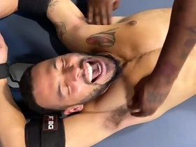 Bearded dude gets tied up and tickled in the locker room