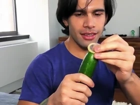 Daddy catches stepson fucking himself with cucumber